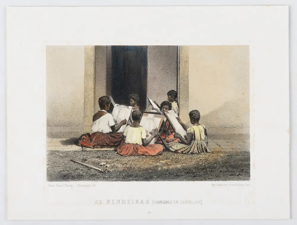 As rendeiras [Ouvrières en dentelles], litografia aquarelada sobre papel, Victor Frond, c. 1860, Coleção Museu Afro Brasil