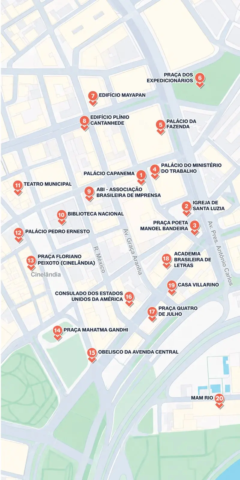 Mapa ilustrado do Centro do Rio de Janeiro com 20 pontos numerados em marcadores vermelhos, indicando os locais do circuito: do Palácio Capanema e Palácio da Fazenda, ao norte, até o MAM Rio, ao sul, passando pela Cinelândia, Biblioteca Nacional e Teatro Municipal.