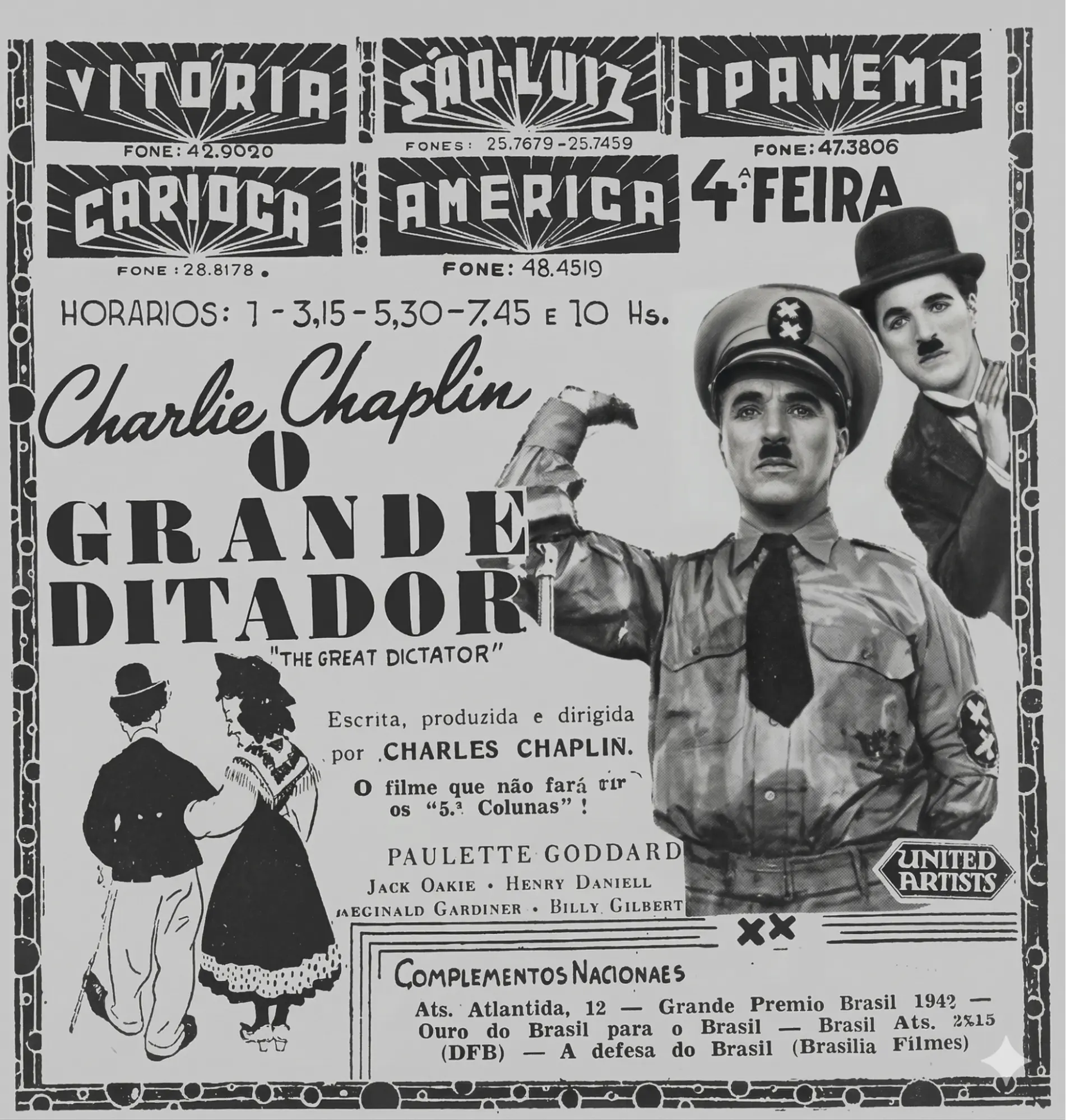 Anúncio da estreia do Filme O Grande Ditador no Cine Vitória em 12 de agosto de 1942