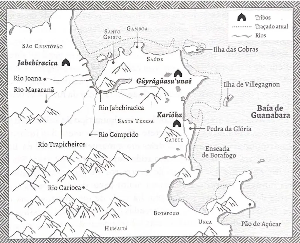 Mapa com representação de algumas aldeias e tribos. Jabebiracica aparece no alto, à esquerda. Retirada do livro “O Rio antes do Rio”
