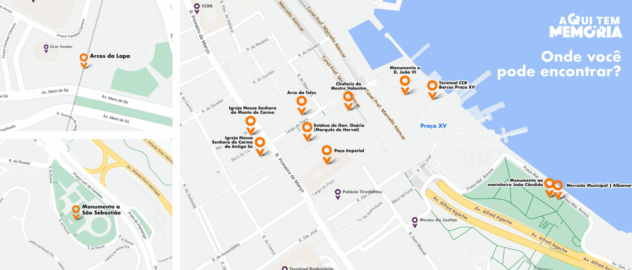 Mapa do centro do Rio de Janeiro destacando pontos históricos e culturais como Arcos da Lapa, Paço Imperial, Igreja Nossa Senhora do Carmo, Monumento a São Sebastião e Mercado Municipal/Albamar. Ícones em laranja marcam os locais de memória com placas do projeto "Aqui tem memória".